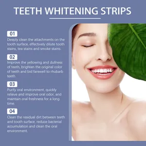 Close-up detail of teeth whitening strips effect on a smiling Asian woman with white teeth