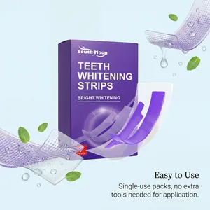 Macro view of purple teeth whitening strips with mint leaf for fresh breath feel