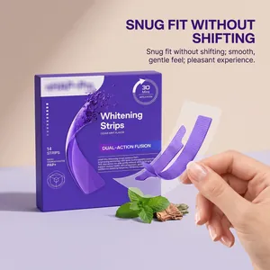Professional close-up of purple teeth whitening strips with fresh mint and cedar wood