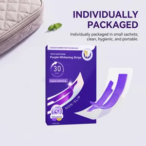 Detailed view of individually packaged purple teeth whitening strips and packaging box