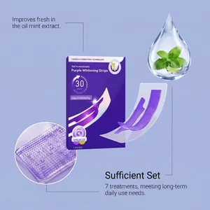 7-piece purple teeth whitening strips with mint extract for instant brightening.