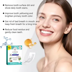 JAYSUING teeth whitening strips packaging detail with model showing brightening results.