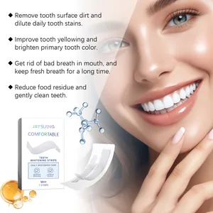 Detailed view of teeth whitening strips showing benefits and packaging for daily care.