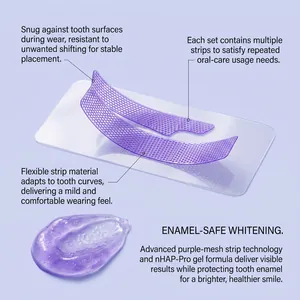 Detail view of purple mesh teeth whitening strips and advanced nHAP-Pro gel formula