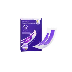 Purple teeth whitening strips with color correction technology and 7 pieces box.