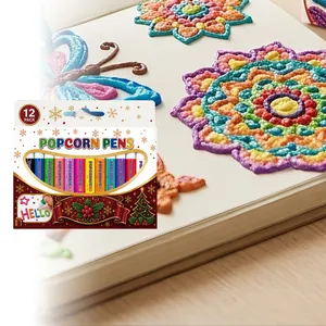 Detailed view of 12-pack Christmas popcorn pens showing vibrant puffy paint effects