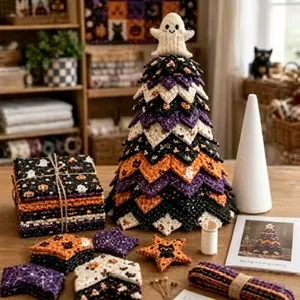 DIY quilted fabric Christmas tree kit with Halloween patterns and knit ghost topper detail