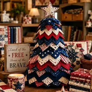 Handmade patriotic quilted fabric Christmas tree for DIY holiday tabletop decor