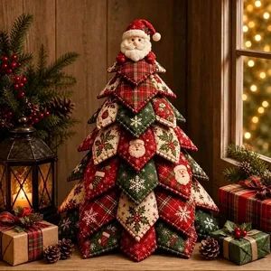 Close-up of DIY quilted fabric Christmas tree with patchwork patterns and Santa topper.