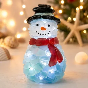 Pupazzo di neve in vetro marino luminoso Decorazione natalizia con sciarpa rossa