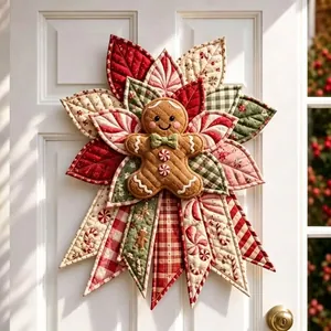 Gesteppter Weihnachts-Poinsettia-Türkranz mit Lebkuchenmann als Mittelstück