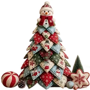 DIY quilted fabric Christmas tree set with snowman theme for festive table decor