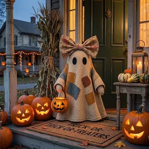 Detailed view of a charming patchwork ghost figurine with a floral bow for Halloween decor