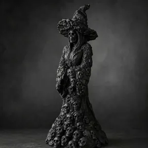 Detailed view of skull witch statue with intricate bone texture and gothic hat