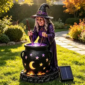 Solarbetriebene Halloween-Hexe mit leuchtender Kessel-Gartenstatue Außendekoration