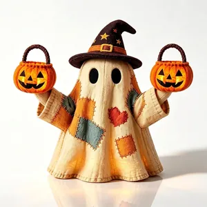Detail view of a patchwork ghost Halloween decor holding two glowing pumpkin baskets.