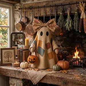 Detailed view of a rustic patchwork ghost Halloween doll with a floral bow and pumpkin basket
