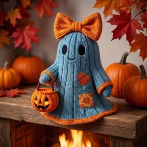 Detailed view of a cute blue knitted patchwork ghost with orange bow and pumpkin basket