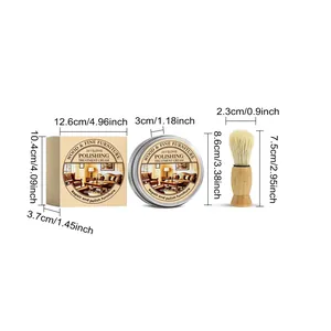 Detailed product dimensions for furniture polishing cream set including box and brush
