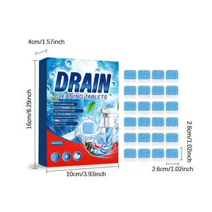 Pack of 24 drain cleaning tablets for sink and pipe clog removal with size details
