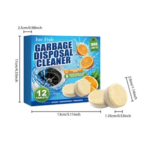 Vue détaillée des pastilles nettoyantes pour broyeur Jue Fish avec dimensions de la boîte