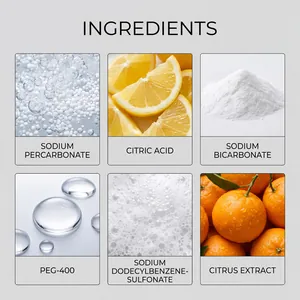 Vue détaillée des ingrédients comme le percarbonate de sodium et l'extrait d'agrume pour tablettes
