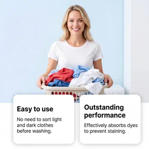 Happy woman holding laundry basket demonstrating color absorber sheet effectiveness