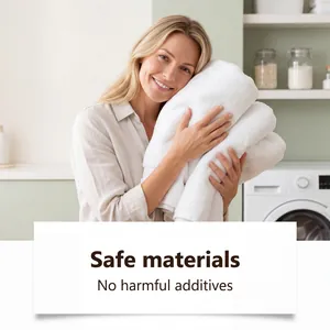 Smiling woman holding clean white towels, showing safe and skin-friendly laundry results