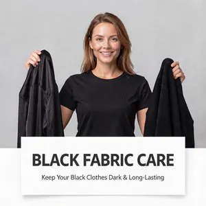 Woman holding black silk and cotton garments for fabric color care demonstration