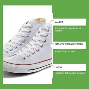 Detail view of white high-top canvas sneakers with shoe cleaner ingredient descriptions