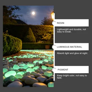 Gedetailleerde infographic van lichtgevende groene tuinkiezels met materiaaleigenschappen