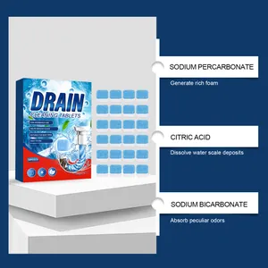 Detail of drain cleaning tablets showing active ingredients and 24 individual pieces.
