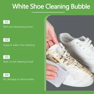 Detailed view of white shoe cleaning bubble removing stains for water-free care