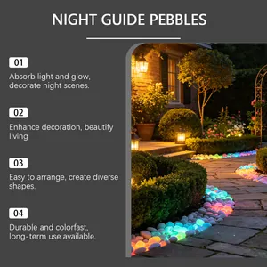 Gedetailleerd overzicht van lichtgevende tuinkiezels die 's nachts in felle kleuren langs een pad