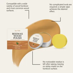 Detail showing beeswax wood polish texture, tin packaging and application sponge