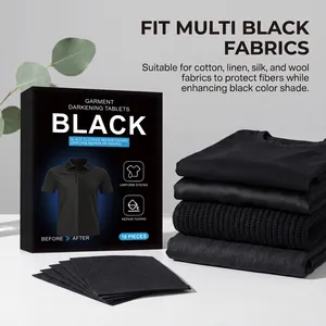 Garment darkening tablets for black fabrics displayed with stacked clothes and product packaging