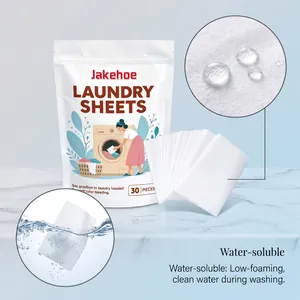 Detailed view of Jakehoe water-soluble laundry detergent sheets with product packaging features