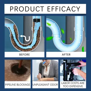 Demonstration of drain cleaning tablets showing before and after results for unclogging