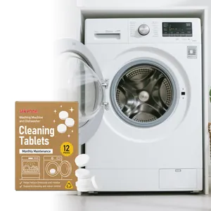 Gros plan de la boîte de pastilles de nettoyage Jakehoe pour lave-linge et lave-vaisselle