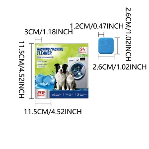 Washing machine cleaner tablets packaging and single tablet dimensions in centimeters and inches