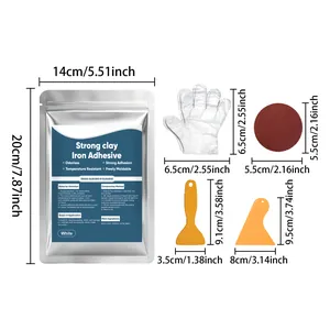 Multi-purpose AB repair glue kit with dimensions for glue pouch, glove, and scrapers