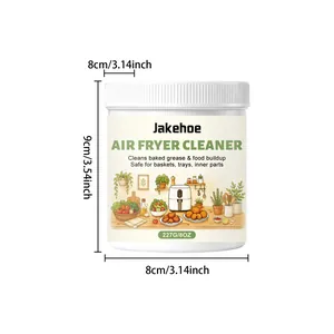 Detailed view of Jakehoe air fryer cleaner powder jar with product dimensions and specs