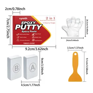 Detail view of epoxy putty kit components with precise metric and imperial dimensions.