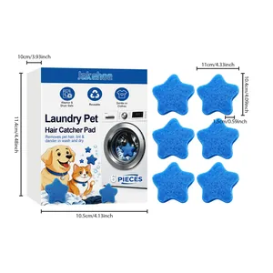 Detailed view of 6 blue star-shaped laundry pet hair catcher pads with dimensions