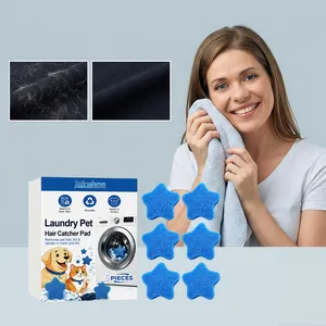 Blue star-shaped pet hair catcher pads for laundry with comparison showing hair removal effect
