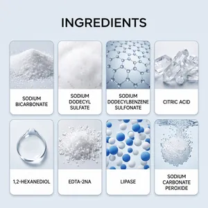 Dettaglio grafico degli ingredienti detergenti tra cui bicarbonato di sodio e acido citrico