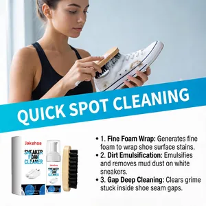 Detail view of JAKEHOE sneaker foam cleaner kit being used for quick spot cleaning