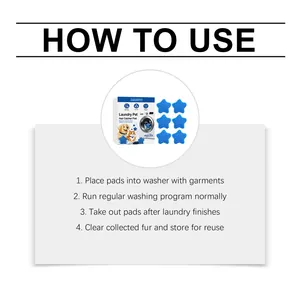 Instruction guide for pet hair catcher laundry pads showing four usage steps