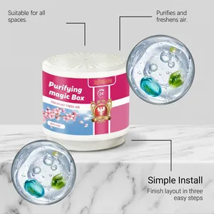 Detail view of Purifying Magic Box air freshener with feature callouts in English.
