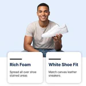 Professional white shoe cleaning foam detail for canvas and leather sneakers maintenance.
